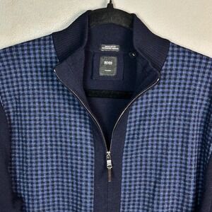 BOSS Hugo Cardigan Sweater Mens L Merino Wool Plaid Elbow Patch Gentleman Modern